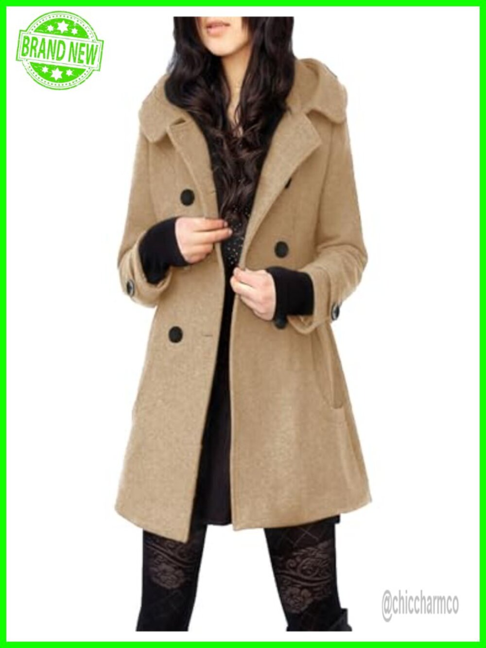 Wool Blend Hooded Peacoat Mid Long Double Breasted Winter Coat